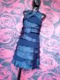 Тъмно синя феерична етажирана лъскава рокля с декорация мъниста М, снимка 4