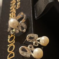 Сребърен комплект с бели перли и цирконий, снимка 1 - Пръстени - 42982401