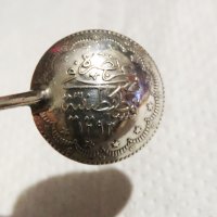 Старинна сребърна лъжица с турска монета,османска монета,тугра, тура и с полумесецът и звездата, снимка 5 - Антикварни и старинни предмети - 35428977