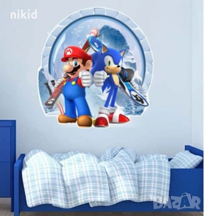 Соник Sonic и Супер Марио Super Mario самозалепващ стикер лепенка за стена и мебел детска стая, снимка 1