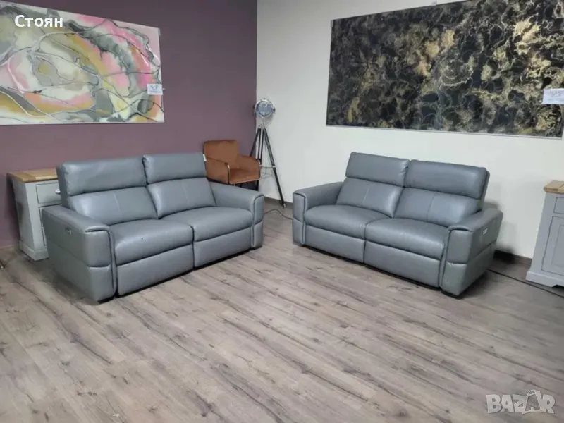 Сив кожен комплект дивани две двойки с електрически релакс механизъм, снимка 1