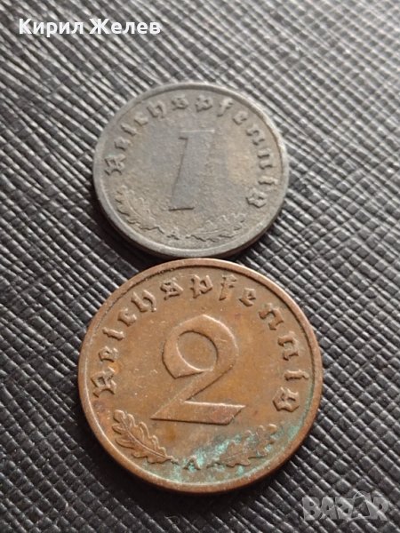 ДВЕ МОНЕТИ 1 райхспфенинг 1943г. - 2 райхспфенинг 1937г. ГЕРМАНИЯ ТРЕТИ РАЙХ С СВАСТИКА 26704, снимка 1