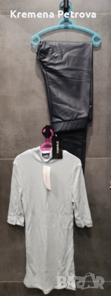 Нов Комплект от Клин от екокожа и Поло от релефен трикотаж с къс ръкав, размер S, снимка 1