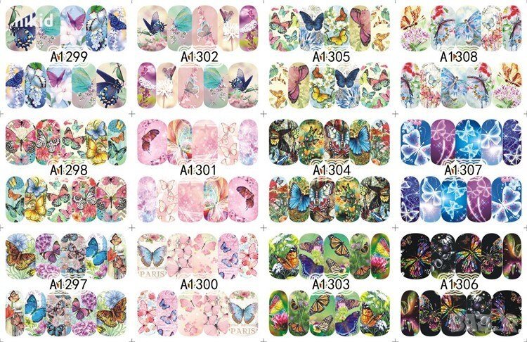 лист 12 в 1 Пеперуди слайдер татос ваденки водни стикери за нокти маникюр, снимка 1