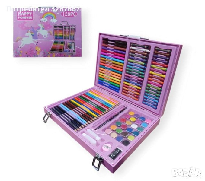 Комплект за рисуване и оцветяване в дървено куфарче, 128 части, снимка 1