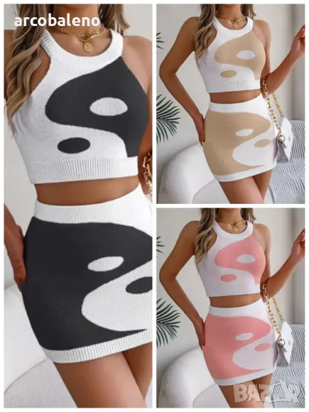 Дамски трикотажен комплект с оголен корем и пола в контрастен цвят, 3цвята , снимка 1