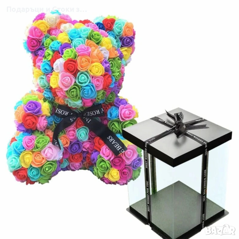 Мече от разноцветни рози в луксозна кутия 40см, снимка 1