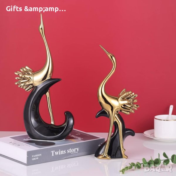 Красиви статуетки Фламинго - от керамика в черно и златно, снимка 1