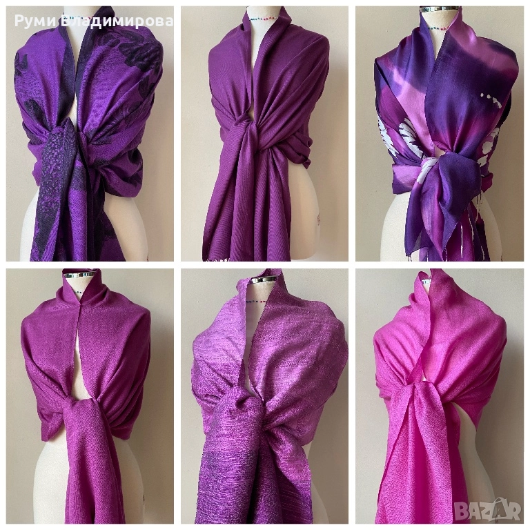 Лилав шал от 100 % кашмир, коприна/ различни видове, снимка 1