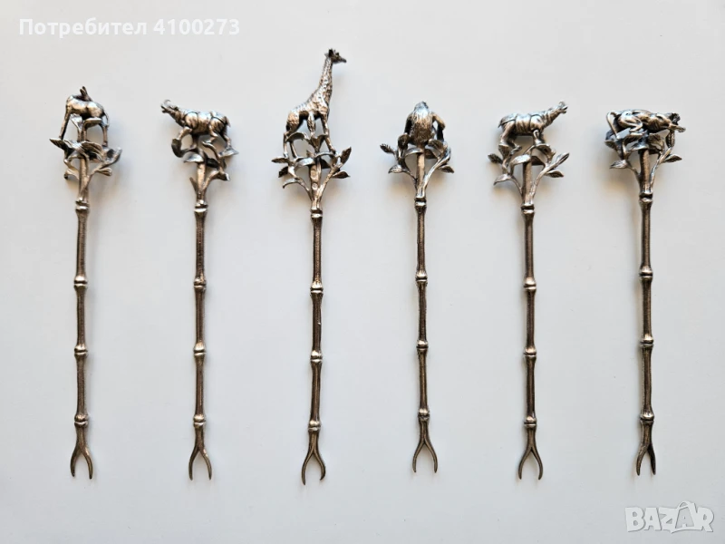 Сребърни вилици за коктейл "Зоологическа" - 6 бр. - 915 сребро, снимка 1