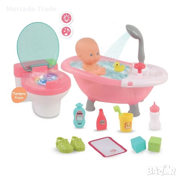 Кукла бебе с вана, тоалетна, аксесоари и звукови ефекти, 40см, снимка 1