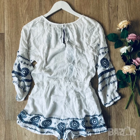 РАЗПРОДАЖБА Нов летен дамски бял гащеризон в бохо стил, с къс крачол размер 38 S/M, снимка 6 - Гащеризони - 50611912