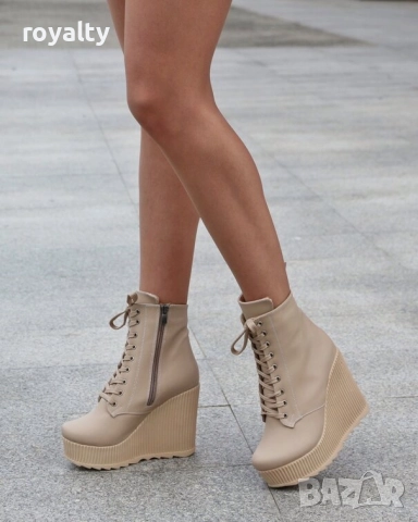 Боти на платформа - бежова кожа, снимка 4 - Дамски боти - 52163619