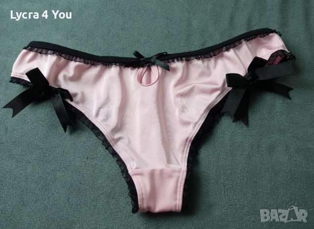 М розови сатенирани изрязани бикини/бразилиани с черни жартиери, снимка 7 - Бельо - 40501245