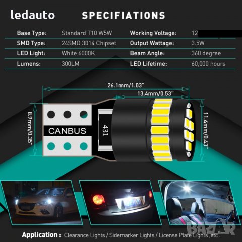 ЛЕД/LED диодни крушки за габарити. W5W/T10 , снимка 7 - Аксесоари и консумативи - 25637824