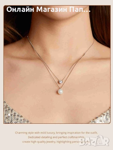BAMOER Сребърно двойно колие с 0.5к диамант мойсанит и перла, снимка 4 - Колиета, медальони, синджири - 52897829