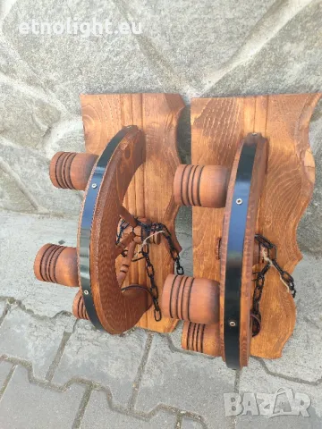 Дървени стенни лампи с ръчно изработени колела и чашки , снимка 2 - Лампи за стена - 49453591