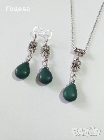 Красив комплект с тъмно зелени Тюркоази капка и нежни орнаменти цвят сребро, снимка 2 - Бижутерийни комплекти - 38762018