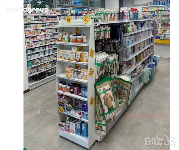 Метални крайстенни и островни стелажи за аптеки, дрогерии, козметика