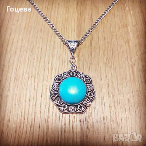 Прелестен филигранен медальон с голям Тюркоаз и орнаменти в цвят Антично сребро, снимка 6 - Колиета, медальони, синджири - 28762549