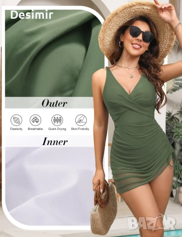 Дамски цял бански с дълбоко V-деколте и оформящ ефект – зелен, S, снимка 5 - Бански костюми - 52882560