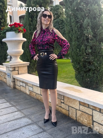 Дамска  черно с розово сатенена риза с  животински принт  голи рамене XS-XL, снимка 5 - Ризи - 49522033