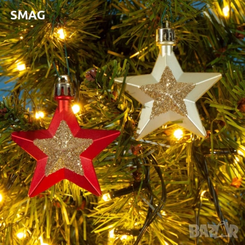 Комплект коледни декоративни звезди, червени и златисти, мат с брокат, 6 см – 6 бр._1171269, снимка 2 - Други - 52353610