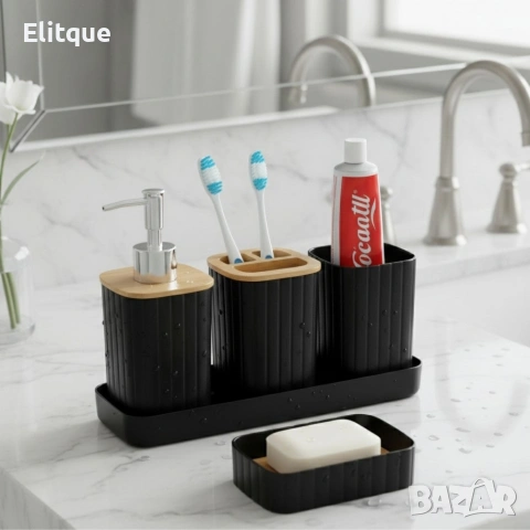 Комплект аксесоари за баня 5 части с табла Cheffinger – диспенсър, чаша, сапунерка , снимка 2 - Други стоки за дома - 53165659