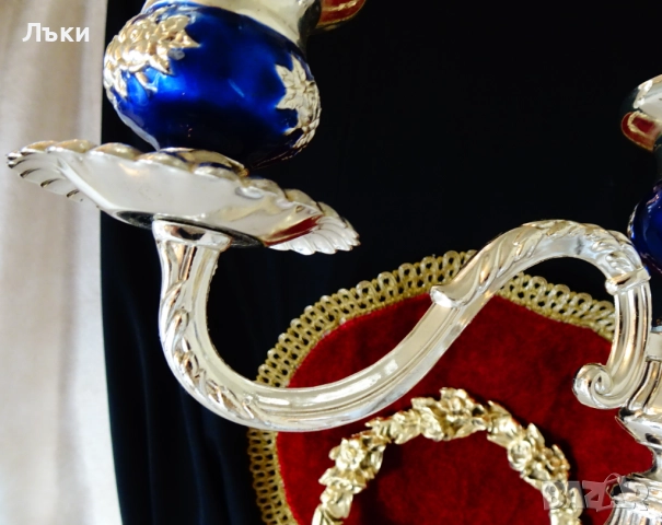 Посребрен троен свещник,рози,кобалт,рококо. , снимка 3 - Антикварни и старинни предмети - 52817267