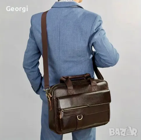 Мъжка  стилна и практична бизнес чанта (куфарче за лаптоп 15”) Черна естествена кожа!, снимка 6 - Чанти - 49348270