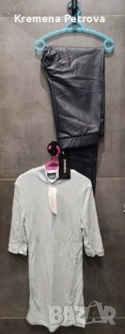 Нов Комплект от Клин от екокожа и Поло от релефен трикотаж с къс ръкав, размер S