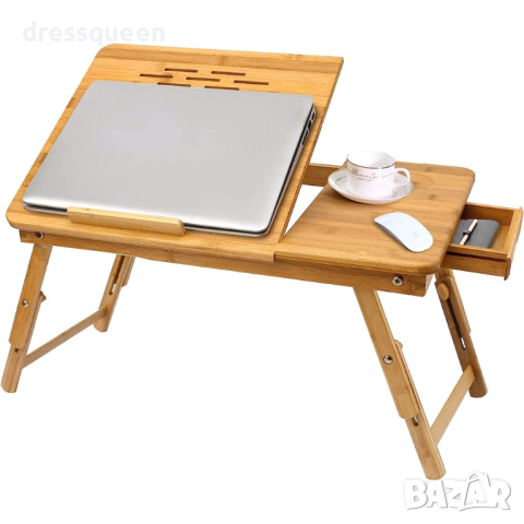 4002 Бамбукова Масичка за Лаптоп с Чекмедже, Охладители и 4-степенно Регулиране на Ъгъла