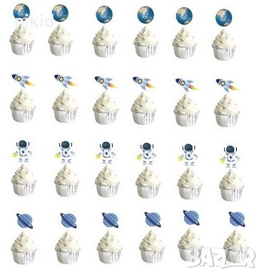 24 бр Космос Ракета Земно кълбо Космонавт Астромавт картонени топери за мъфини кексчета декор, снимка 2 - Други - 32227613