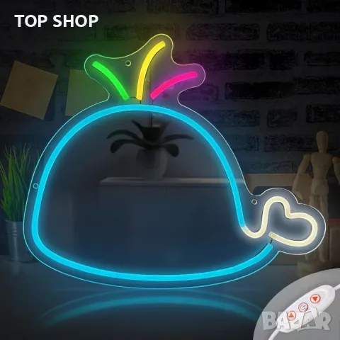 LED неонова табела Blue Whale за стенен декор, захранване от USB с димер