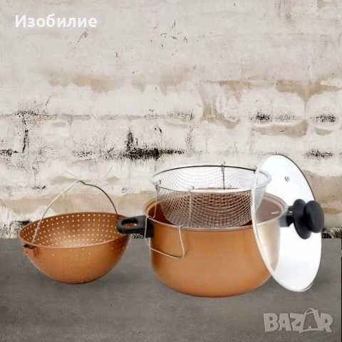 Тенджера с гевгир и кошница за пържене Voltz, 24*12.5см., Меден\въгл. стомана с незалеп. покр., снимка 4 - Съдове за готвене - 52373698