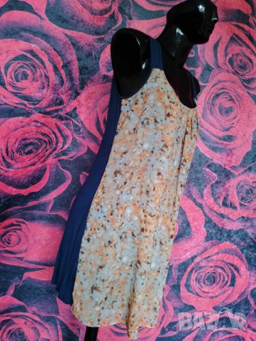 Тъмно синя разкроена рокля с жълто лице М, снимка 3 - Рокли - 37613873