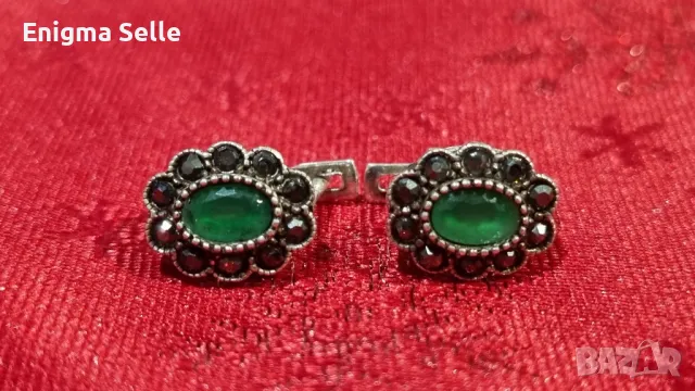 Сребърни обеци проба 925, модел с марказит и изумрудено зелен цирконий, снимка 3 - Обеци - 49945268
