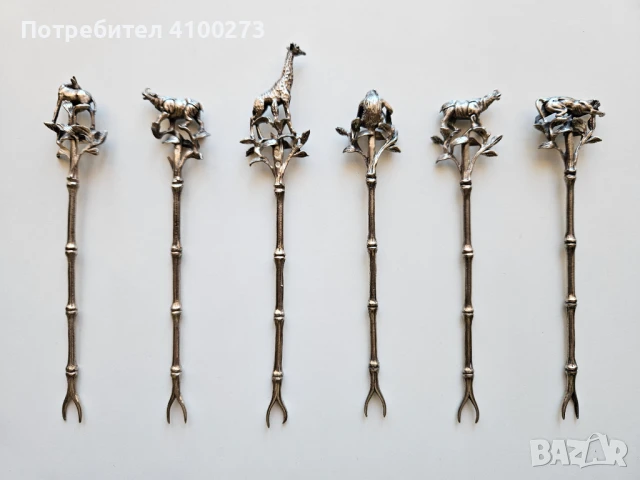 Сребърни вилици за коктейл "Зоологическа" - 6 бр. - 915 сребро, снимка 1
