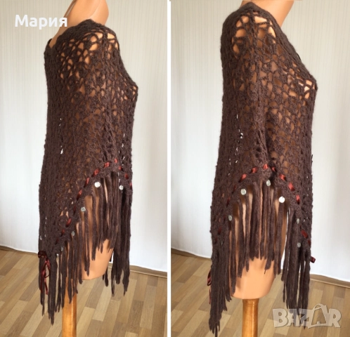 S / M / L Ново Дамско Марково Пончо Isla Ibiza Bonita Плетено Кафяво с ресни, снимка 13 - Блузи с дълъг ръкав и пуловери - 51822349