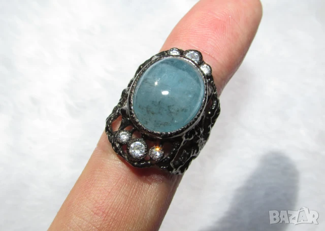 Сребърен пръстен с аквамарин 16x13, тегло 10.8гр.  , снимка 3 - Пръстени - 50908955