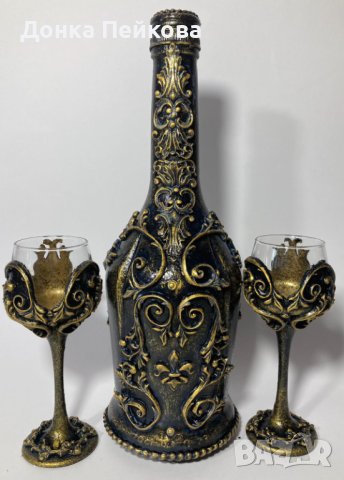 Сет за аперитив от 3 части, бутилка с две чаши в златно, снимка 4 - Чаши - 43618452