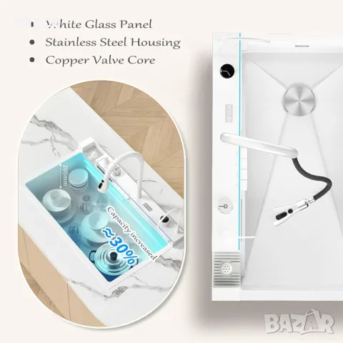 Модерна бяла мултифункционална кухненска мивка с двоен водопад, снимка 6 - Мивки - 47745954