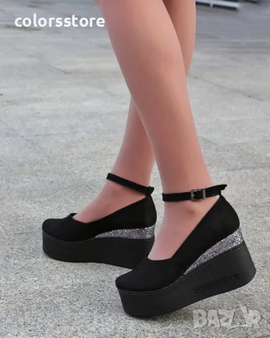 Обувки на платформа - черен велур и бронз брокат - 125K