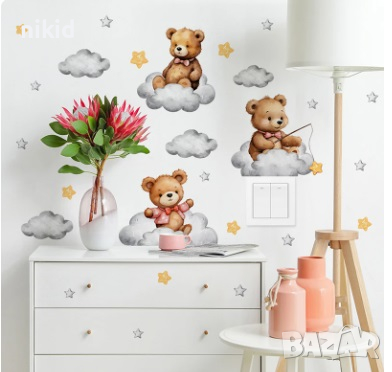 3 Мече мечета и облаци самозалепващ стикер лепенка за стена детска бебешка стая мебел контакт, снимка 1