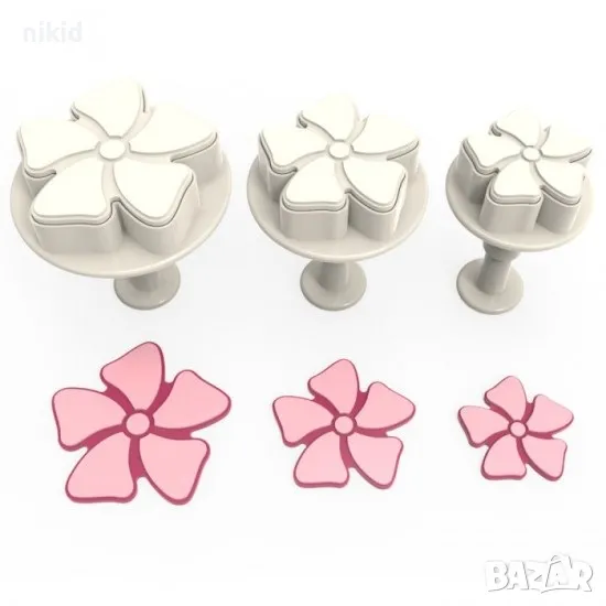 3 бр Цвете пропелер перка цветя пластмасови резци форма форми резец с бутало за сладки тесто, снимка 1