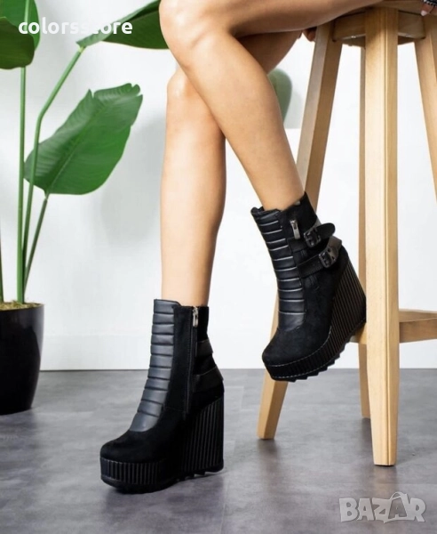 Боти на платформа - черен велур с черно ходило - B2001, снимка 1