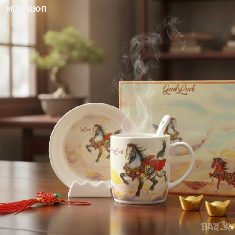 Подаръчен късметлийски порцеланов комплект – чаша, чинийка и лъжичка с празничен дизайн на коне, снимка 1