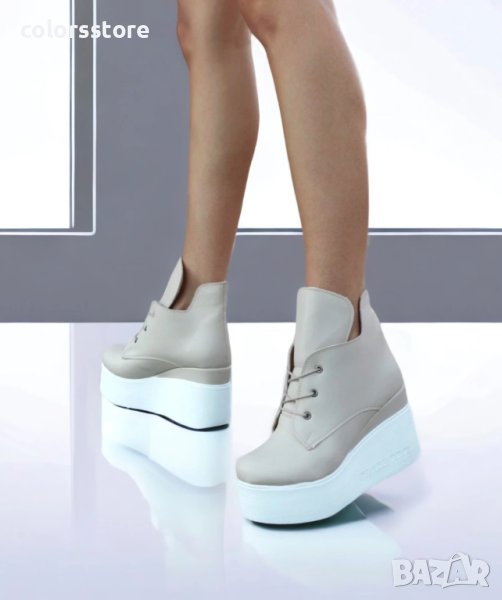 Боти на платформа - бежова кожа с бяло ходило - 133K, снимка 1