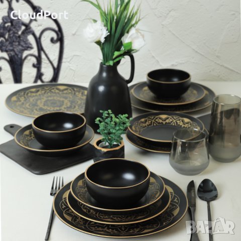 ПЪЛЕН СЕРВИЗ ЗА МАСА, KERAMIKA, 24 ЧАСТИ, КЕРАМИКА, ЖЪЛТО/ЧЕРНО, снимка 8 - Сервизи - 43582825