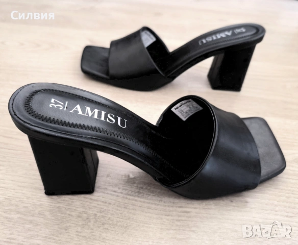 Черни лъскави кожени чехли "Amisu"/"Амису" на ток 7.5 см, номер 37